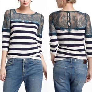 Anthropologie | Deletta Ivory Striped Lace Top